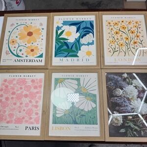 Room Essentials Thin Wood Grain Photo Frames 8x10 Set of 6 w/ Floral Art Prints